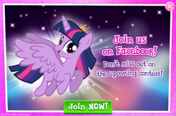 Size: 795x529 | Tagged: safe, derpibooru import, twilight sparkle, twilight sparkle (alicorn), alicorn, advertisement, facebook, flying, gameloft, greedloft, happy, official, pun, solo, sparkling