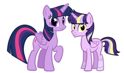 Size: 1584x936 | Tagged: safe, artist:thecheeseburger, derpibooru import, twilight sparkle, twilight sparkle (alicorn), oc, alicorn, alicorn oc, amputee, broken horn, clone, female, golden eyes, horn, male, mare, parent:twilight sparkle, prosthetic limb, prosthetics, simple background, stallion, story in the source, transparent background