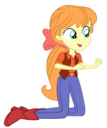 Size: 2427x2898 | Tagged: safe, artist:invisibleink, derpibooru import, megan williams, equestria girls, g1, rescue at midnight castle, rollercoaster of friendship, boots, bow, clothes, cowboy boots, cute, denim, female, feminism, g1 to equestria girls, generation leap, hair bow, high res, jeans, kneeling, meganbetes, megandorable, megansass, open mouth, orange shirt, pants, shirt, shoes, simple background, sleeves rolled up, smiling, solo, transparent background, vector, vest