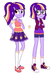 Size: 1872x2664 | Tagged: safe, artist:thecheeseburger, derpibooru import, oc, oc only, oc:sundown twinkle, equestria girls, alternate universe, clothes, converse, female, glasses, orange eyes, ponytail, purple hair, shoes, simple background, transparent background