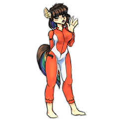 Size: 4000x4000 | Tagged: safe, artist:spoopygander, derpibooru import, oc, oc only, oc:polie lightmixer, anthro, plantigrade anthro, cute, ear fluff, female, freckles, fringe, multicolored hair, outline, simple background, solo, spacesuit, tongue out, transparent background, waving