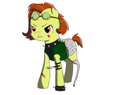 Size: 3600x2700 | Tagged: safe, artist:dumbwoofer, derpibooru import, oc, oc:trippo, fallout equestria, amputee, angry, armor, blood, clothes, collar, female, goggles, knife, mare, mean, prosthetic limb, prosthetics, raider, scar, spikes, vest