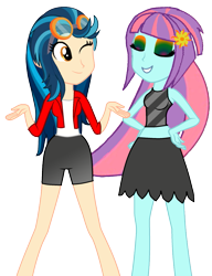 Size: 685x890 | Tagged: safe, artist:trixiesparkle63, derpibooru import, indigo zap, sunny flare, equestria girls, one eye closed, simple background, transparent background, wink