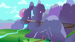 Size: 1440x810 | Tagged: safe, derpibooru import, screencap, a canterlot wedding, bridge, canterlot, force field, friendship express, magic bubble, mountain, no pony, railroad, river, scenery, train, waterfall