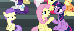 Size: 1059x444 | Tagged: safe, derpibooru import, screencap, alula, apple bloom, applejack, fluttershy, rarity, sweetie belle, twilight sparkle, twilight sparkle (alicorn), alicorn, earth pony, pegasus, pony, unicorn, newbie dash, cropped, lidded eyes, out of context, smiling