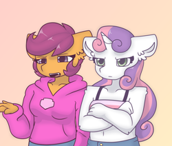 Size: 1000x846 | Tagged: safe, artist:synnibear03, derpibooru import, scootaloo, sweetie belle, oc, oc only, oc:ponytale scootaloo, oc:ponytale sweetie belle, anthro, pegasus, unicorn, comic:ponytale, belly button, clothes, duo, female, hoodie, horn, jeans, mare, midriff, older, orange background, pants, scowl, simple background, tanktop, wings