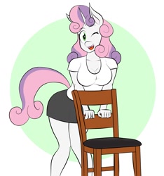 Size: 1403x1502 | Tagged: safe, artist:matchstickman, derpibooru import, sweetie belle, anthro, breasts, chair, clothes, cute, female, legs, looking at you, miniskirt, older, one eye closed, shirt, simple background, skirt, solo, t-shirt, wink