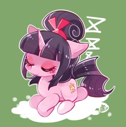 Size: 700x705 | Tagged: safe, artist:sibashen, derpibooru import, oc, oc only, oc:judgement rule, pony, unicorn, cloud, eyes closed, eyeshadow, female, floppy ears, hair bun, lying down, makeup, mare, on a cloud, simple background, smiling, solo, zzz