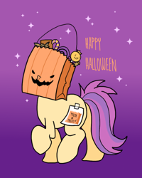 Size: 800x1000 | Tagged: safe, artist:paperbagpony, derpibooru import, oc, oc:paper bag, candy, clothes, costume, fake cutie mark, food, halloween, halloween costume, hidden face, holiday, paper bag