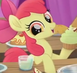 Size: 301x285 | Tagged: safe, derpibooru import, screencap, apple bloom, my little pony: the movie, adorabloom, cropped, cupcake, cute, female, food, sassabloom, solo