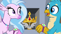 Size: 1280x720 | Tagged: safe, derpibooru import, screencap, gallus, silverstream, classical hippogriff, griffon, hippogriff, a matter of principals, checkmate, crown, crown of grover, cute, diastreamies, duo, female, gallabetes, jewelry, male, necklace, regalia