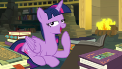 Size: 1920x1080 | Tagged: safe, derpibooru import, screencap, twilight sparkle, twilight sparkle (alicorn), alicorn, better together, equestria girls, forgotten friendship, book, bookshelf, fireplace, library, lidded eyes, solo