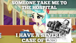 Size: 719x404 | Tagged: safe, artist:forzaveteranenigma, derpibooru import, edit, edited screencap, screencap, coco pommel, the saddle row review, car, differential, hospital, meme, sick, solo focus, tissue, tissue box