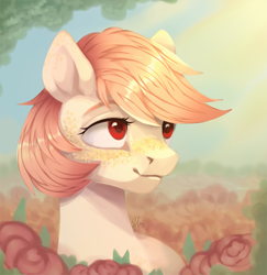 Size: 1945x2000 | Tagged: safe, artist:neon-light-53, derpibooru import, oc, oc only, pony, art trade, female, flower, freckles, lidded eyes, mare, smiling, solo, sunlight