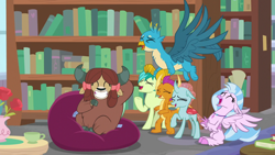 Size: 1280x720 | Tagged: safe, derpibooru import, screencap, gallus, ocellus, sandbar, silverstream, smolder, yona, changedling, changeling, classical hippogriff, dragon, earth pony, griffon, hippogriff, pony, yak, what lies beneath, book, bookshelf, bow, claws, cloven hooves, colored hooves, dragoness, eyes closed, female, hair bow, jewelry, laughing, male, monkey swings, necklace, student six, teenager