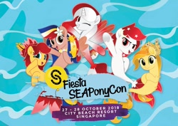 Size: 960x681 | Tagged: safe, derpibooru import, oc, oc:indonisty, oc:kwankao, oc:pearl shine, oc:rosa blossomheart, oc:temmy, sea pony, my little pony: the movie, nation ponies, project seaponycon, seaponified, singapore, smiling, species swap, water