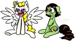 Size: 799x437 | Tagged: safe, artist:alittleofsomething, derpibooru import, oc, oc only, oc:alos, oc:ditto, earth pony, pegasus, pony, blushing, female, mare, simple background, spread wings, tongue out, transparent background, wingboner, wings