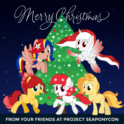 Size: 960x960 | Tagged: safe, derpibooru import, oc, oc:indonisty, oc:kwankao, oc:pearl shine, oc:rosa blossomheart, oc:temmy, christmas, christmas tree, holiday, nation ponies, project seaponycon, singapore, tree