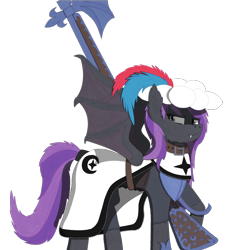 Size: 1532x1683 | Tagged: safe, derpibooru import, oc, oc only, oc:lanceshaft, bat pony, armor, arquebus, breastplate, chainmail, clothes, collar, corset, german, halberd, hoof shoes, landsknecht, mantle, musket, night guard, simple background, solo, story included, surcoat, teutonic knight, transparent background, two toned mane, weapon