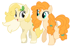 Size: 7259x4609 | Tagged: safe, artist:blue-vector, derpibooru import, pear butter, oc, oc:radler, earth pony, pony, absurd resolution, cute, duo, female, mare, show accurate, simple background, transparent background, vector