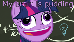 Size: 1920x1080 | Tagged: safe, derpibooru import, edit, edited screencap, screencap, twilight sparkle, twilight sparkle (alicorn), alicorn, pony, best gift ever, chalkboard, crazy face, derp, discovery family logo, faic, female, image macro, lightbulb, mare, meme, open mouth, pudding face, solo, text, twilight snapple, twilight sparkle is best facemaker, wall eyed, wat