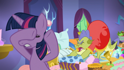 Size: 1909x1076 | Tagged: safe, derpibooru import, screencap, sludge (g4), twilight sparkle, twilight sparkle (alicorn), alicorn, dragon, pony, father knows beast, covering eyes, duo, eyes closed, female, male, mare, pillow, stretching, yawn