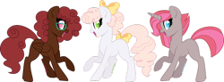 Size: 1024x375 | Tagged: safe, artist:shiiazu, derpibooru import, oc, oc only, oc:puddin' pop, oc:ruby pie, oc:vanilla cream, earth pony, pegasus, pony, unicorn, base used, bow, curly hair, female, glasses, hair bow, happy, looking at you, next generation, offspring, parent:cheese sandwich, parent:pinkie pie, parents:cheesepie, ponytail, siblings, signature, simple background, sisters, smiling, tail bow, transparent background, trio, trio female, triplets