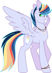 Size: 400x562 | Tagged: safe, artist:shiiazu, derpibooru import, oc, oc only, oc:tidal wave, pegasus, pony, base used, bracelet, cutie mark, grin, jewelry, looking at you, male, necklace, next generation, offspring, one eye closed, parent:rainbow dash, parent:soarin', parents:soarindash, shark tooth, shark tooth necklace, signature, simple background, smiling, solo, spread wings, stallion, surfboard, transparent background, wings, wink