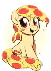 Size: 1405x1958 | Tagged: safe, artist:moozua, derpibooru import, oc, oc:mozzarella orgy, food pony, original species, pizza pony, pony, blushing, cute, dripping, female, food, looking at you, mare, ocbetes, open mouth, pizza, simple background, sitting, smiling, white background