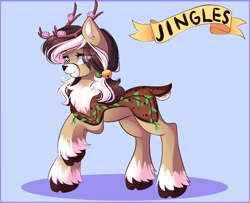 Size: 3349x2713 | Tagged: safe, artist:airiniblock, derpibooru import, oc, oc:jingles, deer, reindeer, blue background, commission, deer oc, female, raised hoof, rcf community, simple background, solo