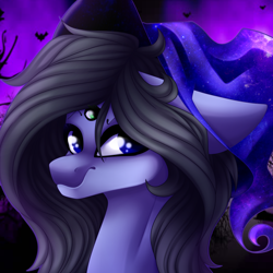 Size: 2000x2000 | Tagged: safe, artist:immagoddampony, derpibooru import, oc, oc:eigii, pony, bust, female, hat, mare, portrait, solo, witch hat