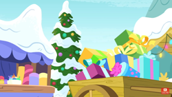 Size: 1334x750 | Tagged: safe, derpibooru import, screencap, best gift ever, hearth's warming tree, no pony, present, snow, tree, wagon