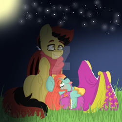 Size: 1024x1024 | Tagged: safe, artist:creativechibigraphic, derpibooru import, oc, oc only, oc:little lynx, oc:princess elonrie, bat pony, pony, clothes, dress, glasses, jewelry, lying in grass, moon, night, scarf, silly, stars, tiara, tongue out