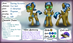 Size: 5000x3000 | Tagged: safe, artist:jesterpi, derpibooru import, oc, oc:daring victoria, pegasus, pony, backstory, clothes, cutie mark, example, gold, pose, reference, reference sheet, standing, sunglasses, ych result