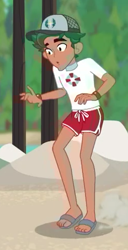 Size: 251x492 | Tagged: safe, derpibooru import, screencap, timber spruce, better together, equestria girls, turf war, cap, clothes, cropped, feet, hat, legs, lifeguard timber, male, sandals, shorts, solo