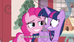 Size: 1280x720 | Tagged: safe, derpibooru import, screencap, pinkie pie, twilight sparkle, twilight sparkle (alicorn), alicorn, earth pony, pony, best gift ever, hearth's warming shorts, the great escape room, chinese, out of context, raised eyebrow