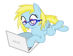 Size: 5443x4209 | Tagged: safe, artist:blue-vector, derpibooru import, oc, oc only, oc:cloud cuddler, pegasus, pony, absurd resolution, asus, computer, crossed legs, cutie mark, female, glasses, laptop computer, mouse cursor, show accurate, simple background, smiling, transparent background, vector
