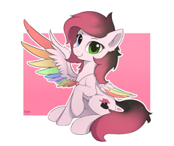 Size: 1973x1654 | Tagged: safe, artist:draconidsmxz, derpibooru import, oc, oc only, oc:flop, pegasus, pony, abstract background, colored wings, female, heterochromia, mare, multicolored wings, signature, simple background, sitting, solo