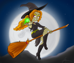 Size: 3366x2910 | Tagged: safe, artist:oinktweetstudios, derpibooru import, adagio dazzle, equestria girls, broom, evil grin, female, flying, flying broomstick, grin, halloween, hat, holiday, magic, moon, night, smiling, solo, witch, witch hat