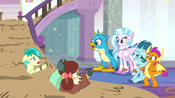 Size: 1280x720 | Tagged: safe, derpibooru import, screencap, gallus, ocellus, sandbar, silverstream, smolder, yona, changedling, changeling, classical hippogriff, dragon, earth pony, griffon, hippogriff, pony, yak, a matter of principals, dragoness, female, male, student six, teenager, wings