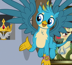 Size: 695x630 | Tagged: safe, derpibooru import, screencap, gallus, griffon, a matter of principals, chest fluff, claws, cropped, crown, crown of grover, jewelry, male, paws, regalia, spread wings, wings