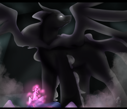 Size: 2800x2409 | Tagged: safe, artist:sora-choi, derpibooru import, pony of shadows, twilight sparkle, twilight sparkle (alicorn), alicorn, pony, duo, female, glowing horn, good vs evil, letterboxing, male, mare, size difference, spread wings, stallion, wings