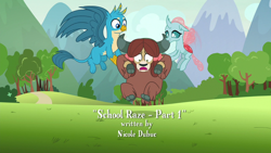 Size: 1280x720 | Tagged: safe, derpibooru import, screencap, gallus, ocellus, yona, changedling, changeling, griffon, yak, school raze, bow, carrying, cloven hooves, female, flying, hair bow, male, monkey swings, trio