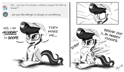 Size: 2500x1451 | Tagged: safe, artist:chopsticks, derpibooru import, oc, oc only, oc:chopsticks, pegasus, pony, allergies, angry, boop, cheek fluff, chest fluff, clothes, comic, cute, dialogue, hat, hoof fluff, male, monochrome, non-consensual booping, reply, solo, surprised, text