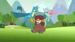 Size: 1280x720 | Tagged: safe, derpibooru import, screencap, gallus, ocellus, yona, changedling, changeling, griffon, yak, school raze, bow, chest fluff, cloven hooves, female, flying, hair bow, male, monkey swings, paws, pouting, unamused, wings