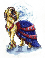 Size: 1577x2032 | Tagged: safe, artist:gaelledragons, derpibooru import, oc, oc only, oc:paradox nebula, pony, unicorn, art trade, clothes, dress, female, magic, mare, peytral, solo, traditional art, watercolor painting