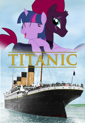 Size: 5450x7840 | Tagged: safe, alternate version, artist:ejlightning007arts, derpibooru import, tempest shadow, twilight sparkle, twilight sparkle (alicorn), alicorn, pony, absurd resolution, broken horn, female, horn, hug, lesbian, poster, ship, shipping, tempestlight, titanic