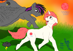 Size: 4603x3264 | Tagged: safe, artist:duskhoof, derpibooru import, oc, oc:blazing moon, oc:storm cloud, fallout equestria, cutie mark, fallout equestria:scoundrels, fixed legs