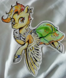 Size: 2860x3384 | Tagged: safe, artist:ilynalta, derpibooru import, oc, oc only, oc:little flame, pegasus, pony, art trade, clothes, dress, looking at you, see-through, shoes, solo, traditional art