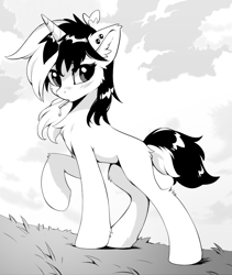 Size: 818x969 | Tagged: safe, artist:hioshiru, derpibooru import, oc, oc only, pony, unicorn, blushing, cloud, ear piercing, female, grass, grayscale, looking away, manga, mare, monochrome, piercing, side view, solo